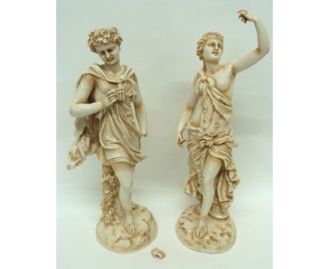 Large pair of Continental porcelain figures decorated in Royal Worcester ivory type glaze by Rudelstadt, 43cm high