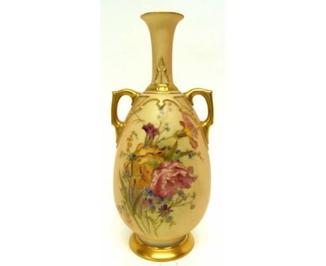Royal Worcester blush ground vase decorated with flowers with small angular handles picked out in gilt