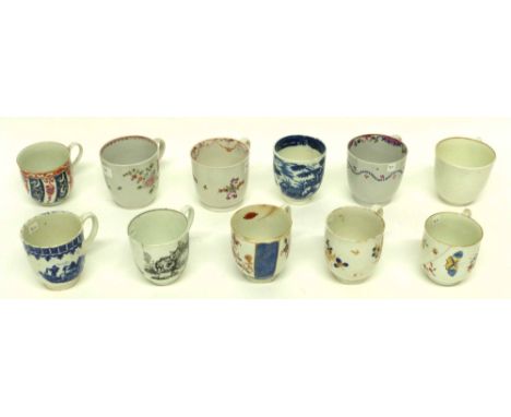 Collection of 18th century English coffee cups including examples by Liverpool, Caughley, blue and white designs, Worcester w