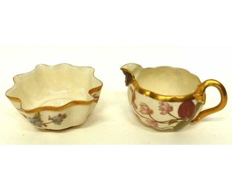 Small Royal Worcester blush ground bowl decorated with flowers, together with a blush ground milk jug, also decorated with fl