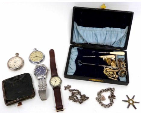 Plastic box containing pocket watch and wrist watches, together with further box containing sewing items, button hooks etc