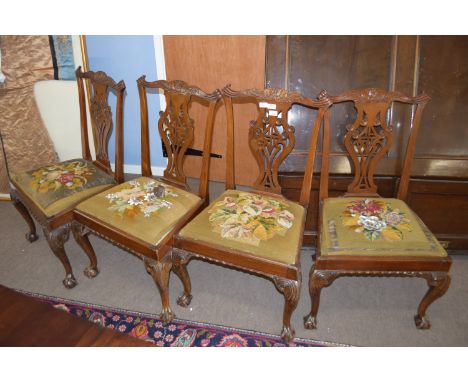 Set of 5 Chippendale style mahogany dining chairs, elaborate pierced splat backs, old tapestry seats, front cabriole legs wit
