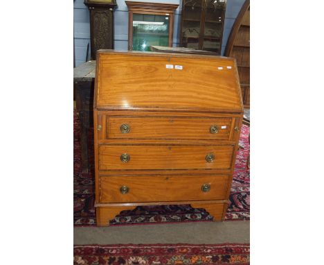 19th century satinwood fall front bureau, with fitted interior over three drawers raised on bracket feet, cross banded decora