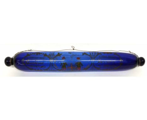 Nailsea type blue glass rolling pin with inscription "A present from a dear friend" dated 1861, 40cm long