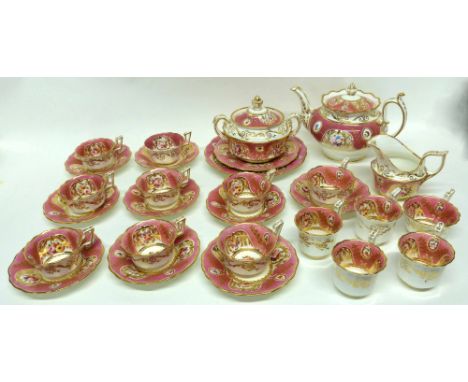 Mid-19th century English porcelain tea set decorated to interior with a pink ground and floral decoration pattern no 2/63, th