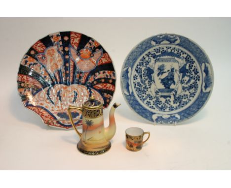 A Japanese Imari shell shaped dish, a Chinese blue and white plate and a Noritake coffee pot