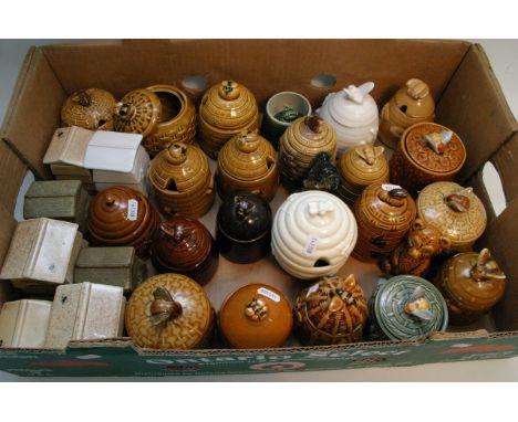 A collection of approximately 30 ceramic honey jars and preserve pots.
