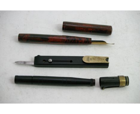 Two unusual fountain pens and a nib sharpener/shaper, the nib item marked 'Rogers Cuilisto Her Majesty'