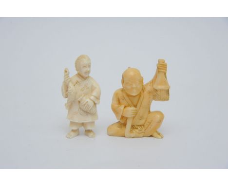 Two Carved 19th century Japanese Ivory Netsuke in the form of a fisher woman and a a seated figure holding a lamp. 