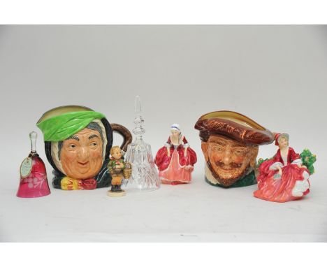 Two Royal Doulton character jugs, two Doulton figures, Hummel figure of a boy and two glass bells (7).