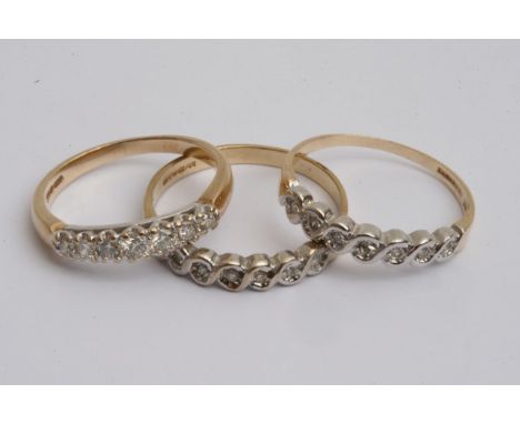 Three gold and diamond half eternity rings, approx 4.9g sizes between K and L up to P.