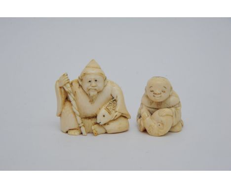 A Carved 19th century Japanese Ivory Netsuke figure in the form of a seated fisherman and one other Ivory figure. 