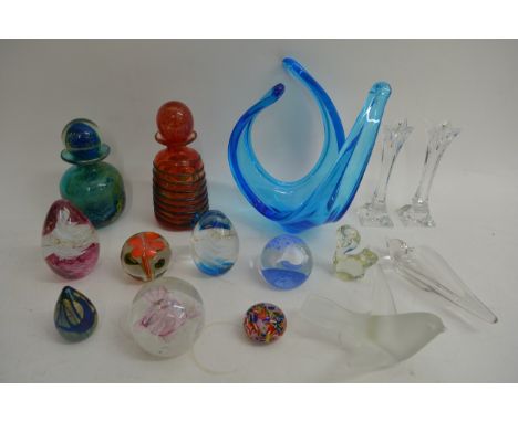 A small collection of glass ware including Mdina bottles and paperweights, some by Caithness