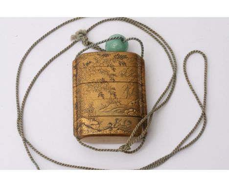 A quality 19th century Japanese four case Inro ebelished with gold with a profusion of flowers amounts rocks, unsigned with a