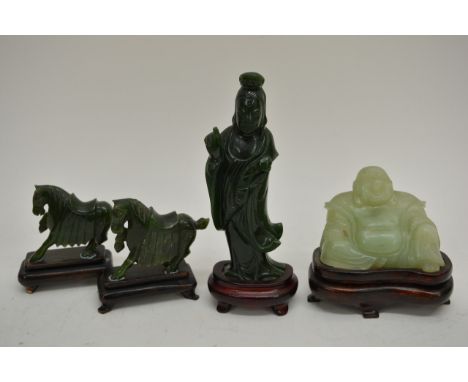 A pair Of smaller Chinese carved Jade horses, a carved jade Buda and one other jade carving (4)