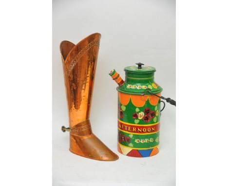 Vintage painted canal boat water carrier and a copper stick stand in the form of a riding boot with spur