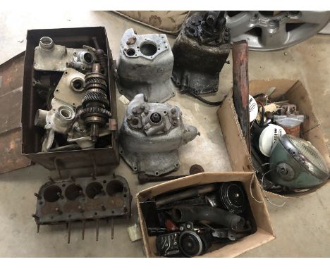 A collection of Austin 7 spares to include gearboxes, gearbox internals, engine block etc.