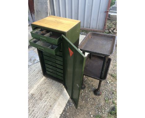 A Rex Hacksaw Tool Manufacturing Co. Ltd. 10 drawer metal filing chest plus a two tier industrial washing stand.