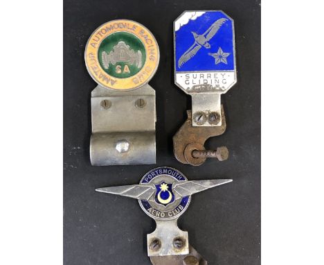 An Amateur Automobile Racing Club car badge, a Portsmouth Aero Club part enamel badge and a third for Surrey Gliding Club. 
