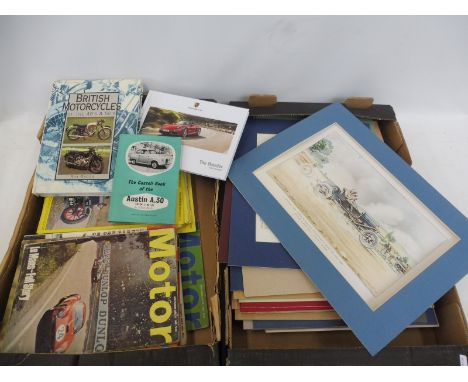 A box of veteran and vintage magazines, various motoring prints and motoring volumes.