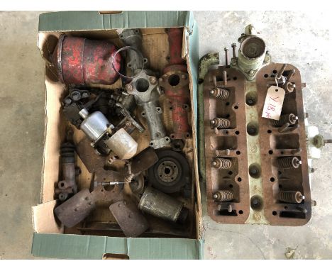 A Riley cylinder head with valves, believed RMA plus a box of RMA engine spares.