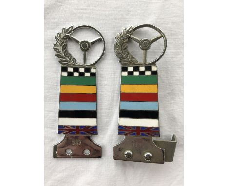 Two Steering Wheel Club part enamel badges by Marples &amp; Beasay Limited, one stamped no. 111, the second no. 117.
