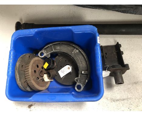 A box of assorted spares, mostly probably vintage Humber 14/40 to include a magneto cradle, clutch parts, also an associated 