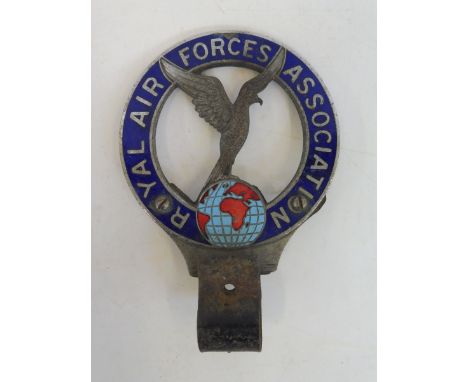 A chrome and blue enamel Royal Air Forces Association car badge with bracket.