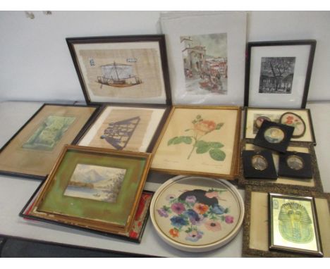 Mixed pictures to include a portrait miniature, F. Robson engraving, Sophie Miller watercolour and others Location: 