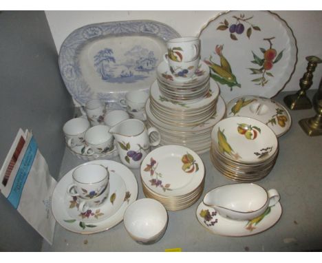A Royal Worcester Evesham part dinner and tea service comprising approximately 59 pieces, along with a Victorian blue and whi