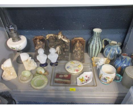 A mixed lot to include a Jo Lester Isle of Wight studio pottery vase, a pair of painted plaster work bookends, a pair of gnom