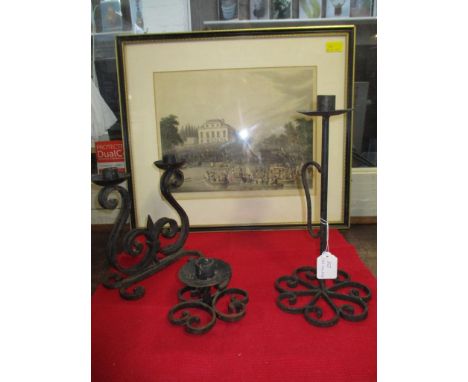 Collectables to include two prints 'The Queen returning from the House of Lords' and a wrought iron candlestick and a Meyer &