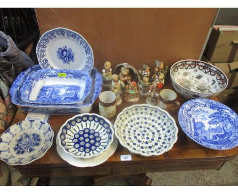 A selection of blue and white ceramics, ten Goebel Hummel figurines and Doulton stoneware mugs to include Spode Italian patte