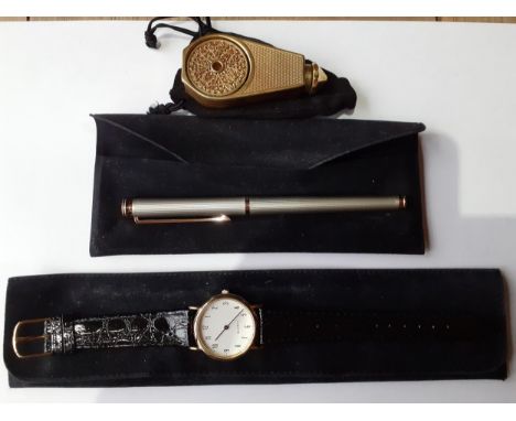 A Pierre Balmain gold tone and silver tone roller ball pen with branded case, a gents quartz watch on black leather strap and