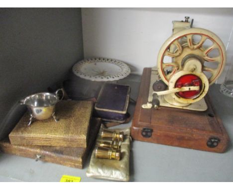 Collectables to include a Spode painted tazza decorated with a bird, cake forks, cameras, opera glasses and a cream jug 