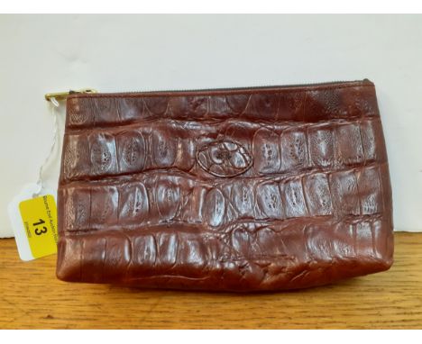Mulberry-A small vintage brown zipped compact purse/make-up/wash bag in a crocodile embossed leather and brushed gold tone ha