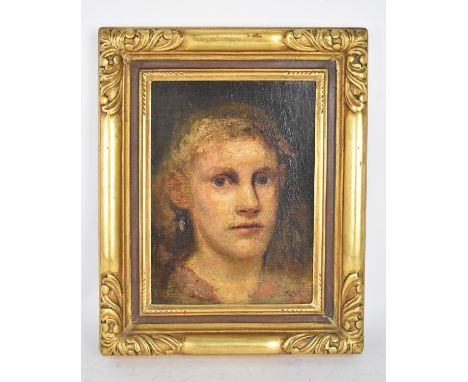 Possibly by Vratislav Nechleba (Russian, 1885-1965)close up portrait of a boy, against a dark ground, indistinctly signed low