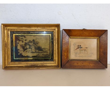 An early 19th century needlework picture of a house on a hillock in a gilt frame and a sketch of a dog with a pheasant in its