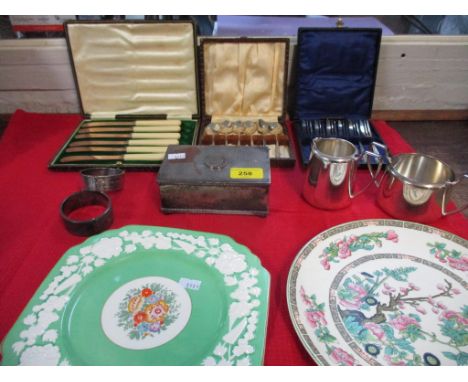 Collectables to include two silver and gold bracelets, one A/F, Masons and other plates, silver plated flatware, cigarette bo