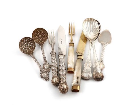 A mixed lot of antique silver flatware,by Francis Higgins, various dates, comprising: a pair of Victorian spiral twist vine-c