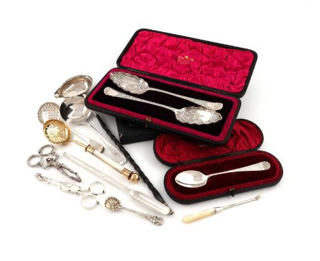λ λA mixed lot of silver flatware,various dates and makers,comprising: a pair of Harlequin sugar nips, maker's mark worn, Lon