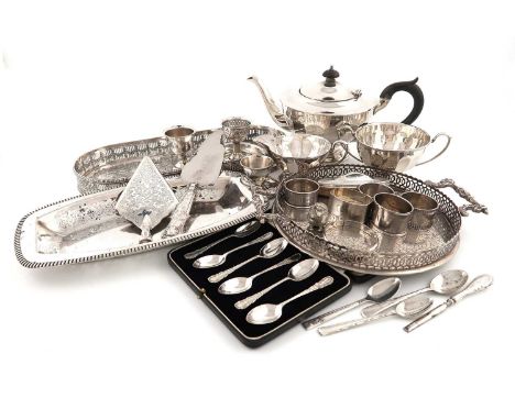 A mixed lot,comprising silver items: a three-piece tea set, by J W Benson Ltd, London 1937, a cased set of six teaspoons, fiv