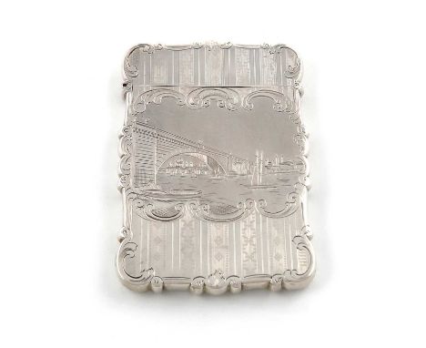 A Victorian silver engraved 'castle-top' card case, London Bridge,by Nathaniel Mills, Birmingham 1850,rectangular form, the f