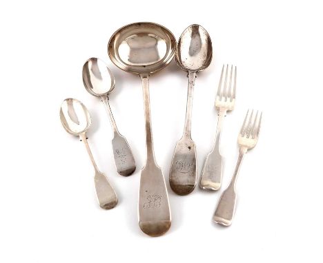 A collection of antique silver Fiddle pattern flatware,various dates and makers,comprising: eleven table forks, by George Ada
