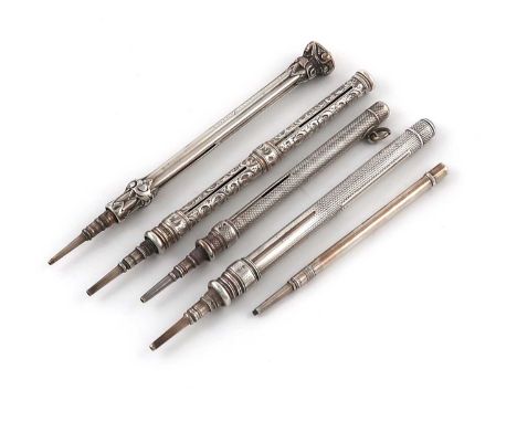 A collection of five silver pencils by S. Mordan and Co.,four Victorian including: a slide-action one with engraved decoratio
