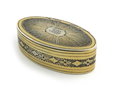 A George III silver-gilt snuff box,by John Whittingham, London 1795,oval form, engraved foliate and sunray decoration, and in