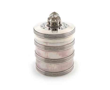 By H. G. Murphy, an Art Deco silver canister,London 1930, also marked with the Falcon mark,circular form, with bands of reede