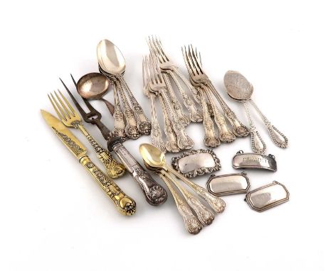 A mixed lot of flatware,various dates and makers,comprising silver items: a matched George IV silver-gilt Coburg christening 