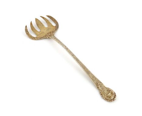 A large late-Victorian silver-gilt fish serving fork,by Thomas Bradbury & Sons Ltd, London 1882,five tines engraved with clov