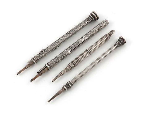 A collection of four Victorian silver pencils by Mordan and Co.,comprising: a combination pen and pencil, London 1879, engrav
